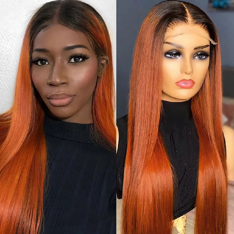 Colored wig with a purple - violet shade for a regal and elegant lookGinger Lace Closure Wig With Black Roots Straight Human Hair Wig