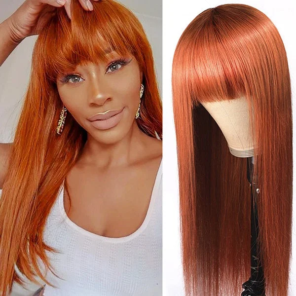 Colored wig with a pre - plucked hairline for a more natural lookGinger Color Straight Breathable Machine Made Glueless Wig With Bangs