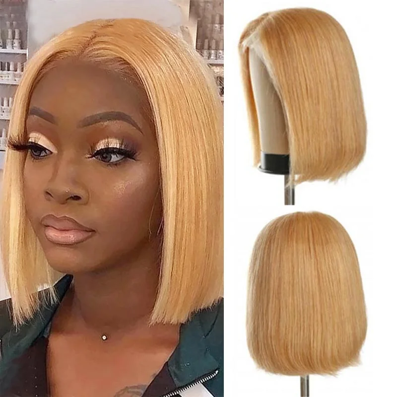 Adjustable - cap colored wig for a comfortable fitGlueless #27 Honey Blonde Short Straight Bob 13×4 Transparent Lace Wig