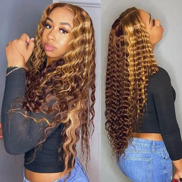 Colored wig with a wavy texture for a beachy and fun look200% Density Highlight Color Wear Go Deep Wave Wig  4x4 HD Lace Closure Wig 32 Inch Human Hair Wigs P4/27 Brown Color