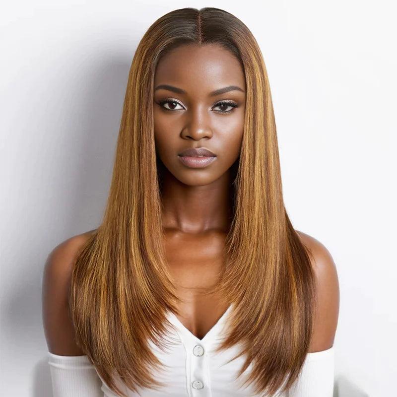 Colored wig with a 150 - density for a full and thick appearance7x5 Glueless Layered Cut #4/27 Highlight Color Straight Frontal Wig