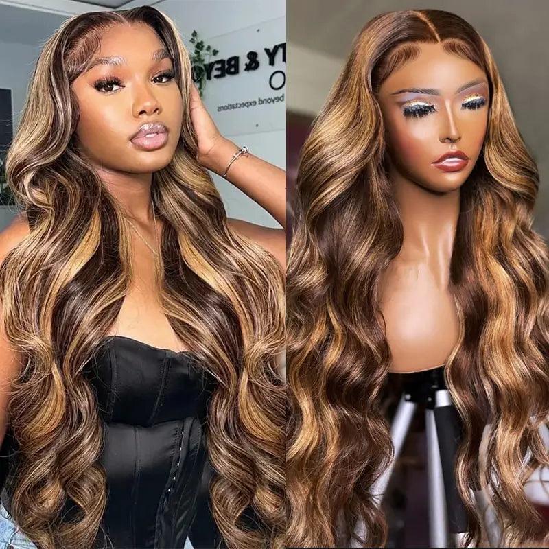 Human - hair colored wig for a natural and luxurious feel7x5 Glueless Wig Body Wave #4/27 Highlight Brown Human Hair