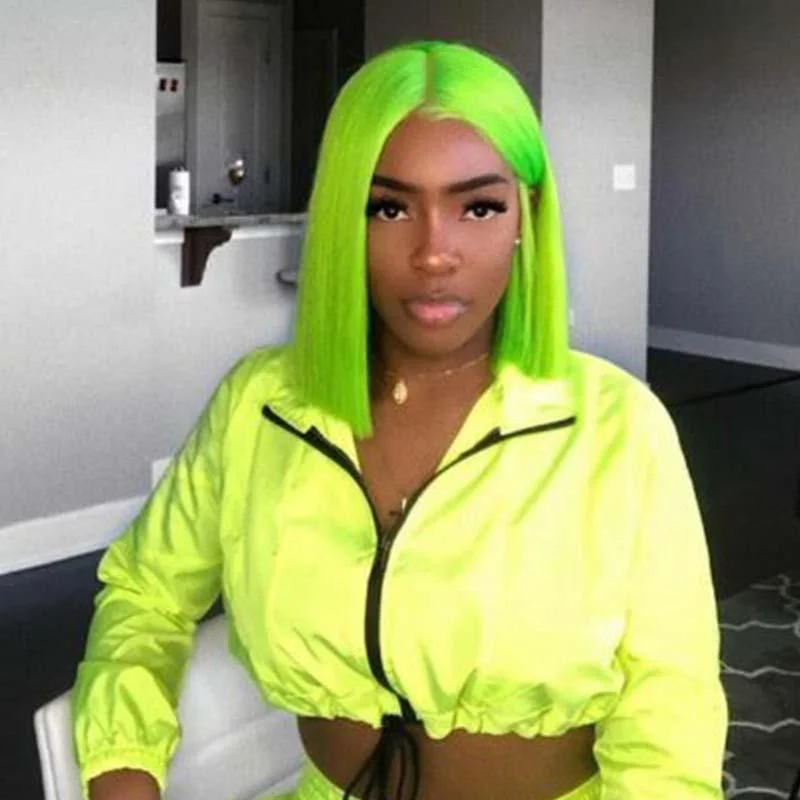 Colored wig in a vibrant pink color for a bold and eye - catching lookMiddle Part Short Green Bob Human Hair Wig Lace Front Surprisehair