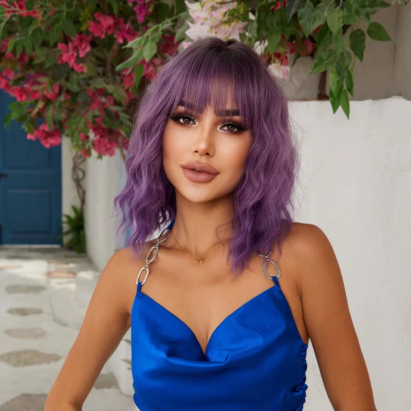 Colored wig with a natural - looking root for a more realistic lookHaircube 15 Inches Curly Purple Synthetic Wig With Bangs