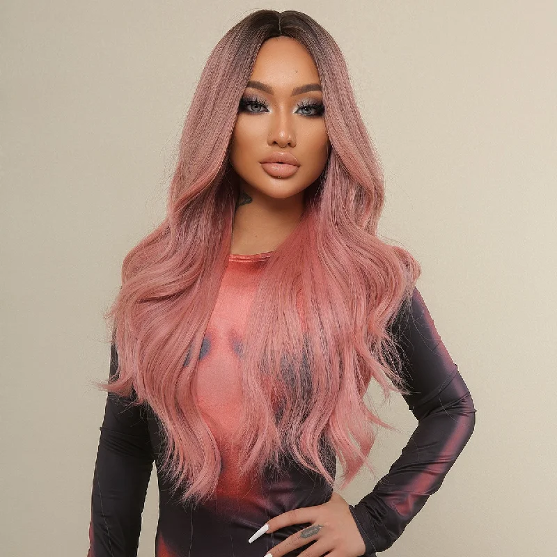 Colored wig in a vibrant pink color for a bold and eye - catching look21  Inches Big Loose Curls Ombre Pink Synthetic Wig-ROSIE