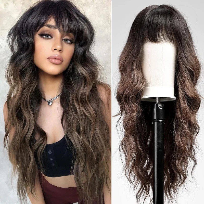 Colored wig with a 150 - density for a full and thick appearanceHAIRCUBE Ombre Brown Wigs with Bangs,Brown Long Wavy Wig for Women,Long Curly Wigs Dark Roots Synthetic Hair Wig for Party Daily Use