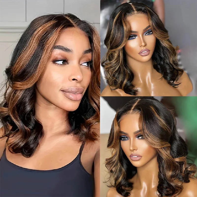 Colored wig with a pre - plucked hairline for a more natural lookHighlight Bob Wigs bodywave Pre Plucked Human Hair Lace Front Wigs Natural Hairline