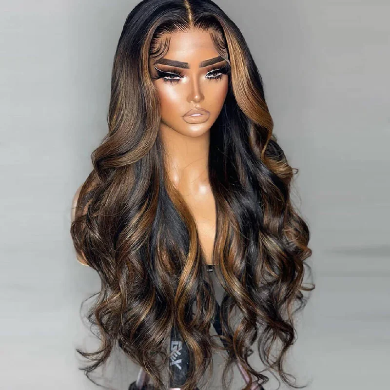 Colored wig with a curly texture for a bold and stylish choiceHighlight Body Wave 13x4 Lace Front Wigs 1B30# brown Glueless HD Human Hair Wigs