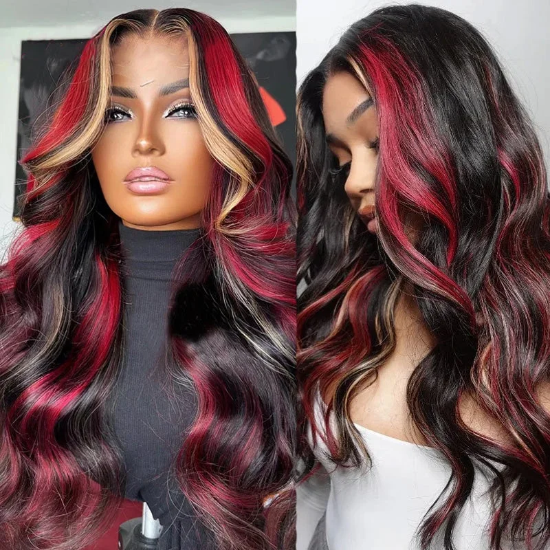 Colored wig with a straight texture for a sleek and minimalist lookHighlight Red Blonde Colored Body Wave Transparent 13x4 Lace Front Wig Human Hair Wig