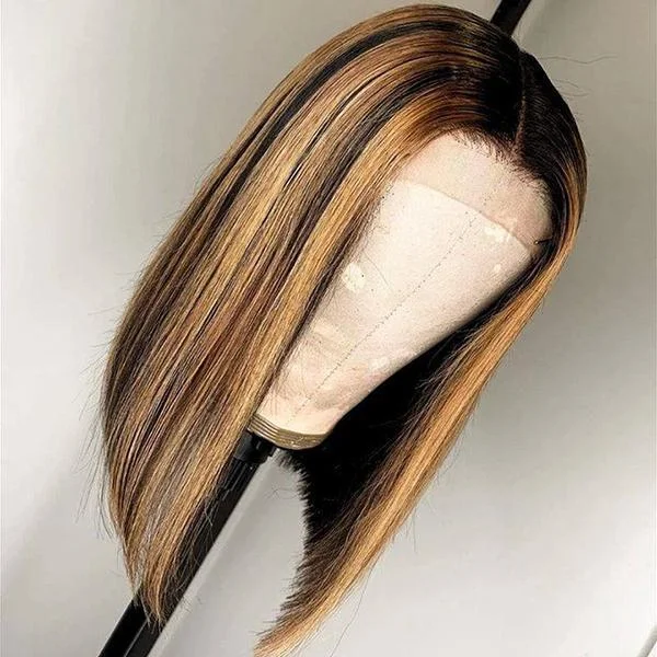 Colored wig with a natural - looking root for a more realistic lookHighlight Short Straight Bob Wig 4/27 Ombre 4*4 Lace Wig