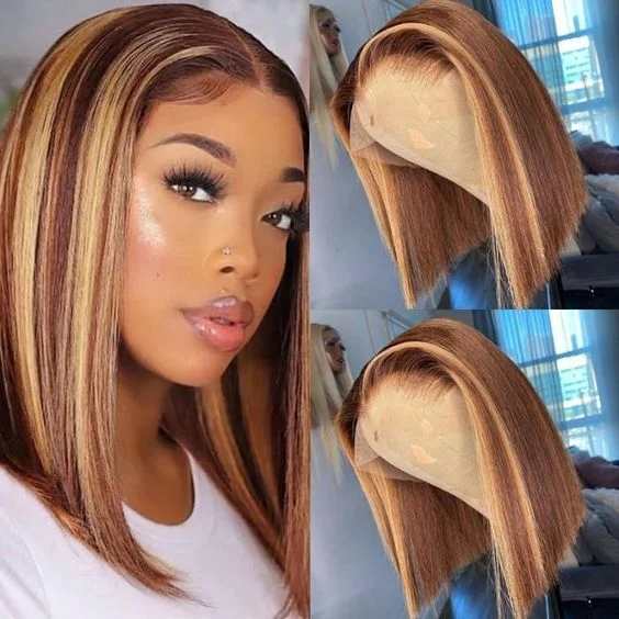 Colored wig with a straight texture for a sleek and minimalist lookHoney Blonde Highlights Short Bob Lace Wig Straight Hair Glueless Human Hair Bob Wigs Pre Plucked