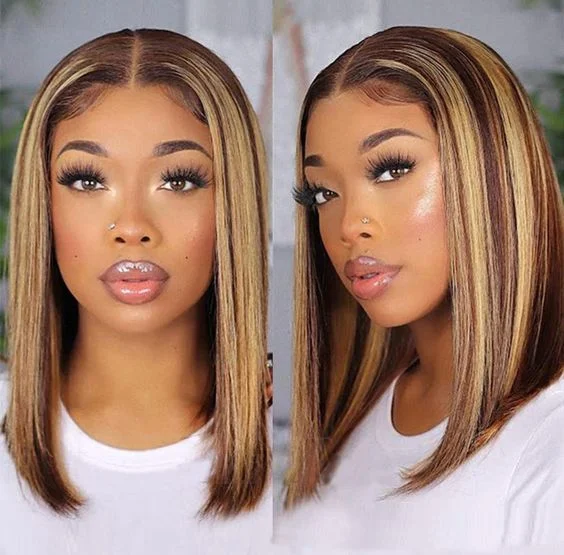 Colored wig with a silk - base cap for a comfortable and smooth feelHighlight Short Bob Wig Straight Hair Lace Front Bob Wig For Black Women