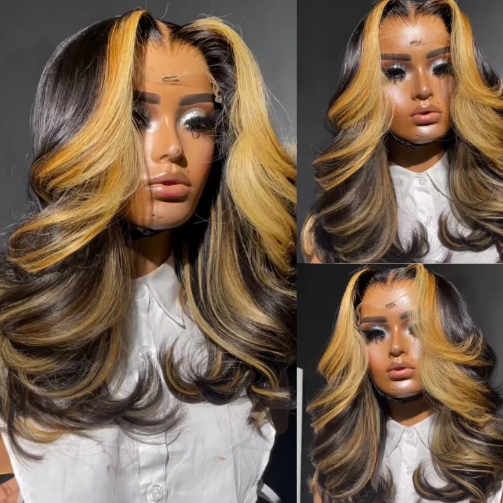 Colored wig with a natural - looking root for a more realistic lookHighlights Blonde Colored Wig Human Hair HD 13X4Lace Frontal Body Wave Wig Blonde Black Pre Plucked Glueless Wig -AmandaHair