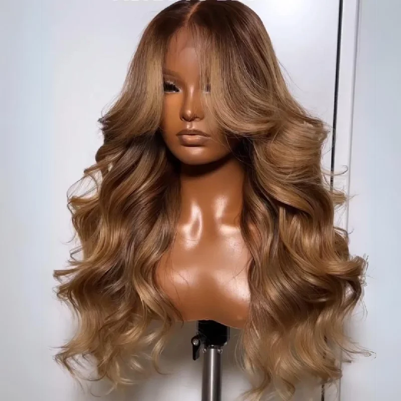 Human - hair colored wig for a natural and luxurious feelHighlights Brown with Blonde Glueless Loose Wave Natural Curtain Bangs Hair Clear Transparent Lace Front Wigs For Women-Amanda Hair