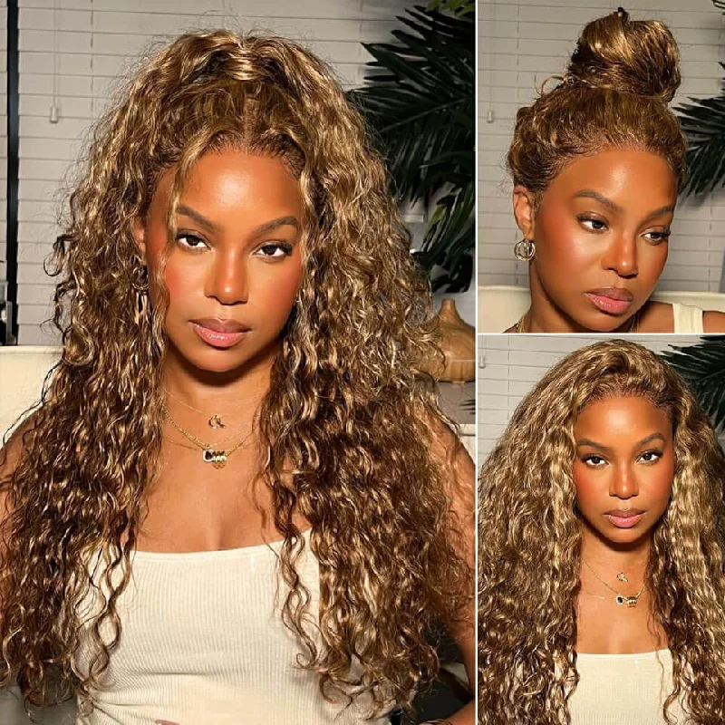 Colored wig with a wavy texture for a beachy and fun lookHoney blond highlight 427# 360 Lace Frontal Wig Deep Wave Water Wave Pre Plucked Human Hair Wigs