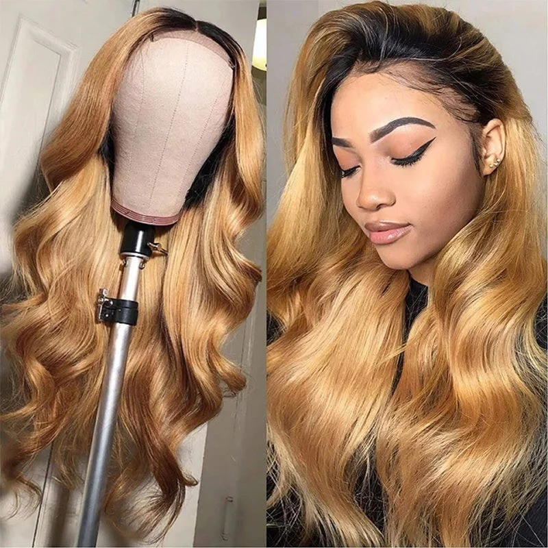 Colored wig with a wavy texture for a beachy and fun lookHoney Blonde 1B/27 Body Wave Lace Front Wig Ombre Full Lace Human Hair Wig Colored Frontal Wigs