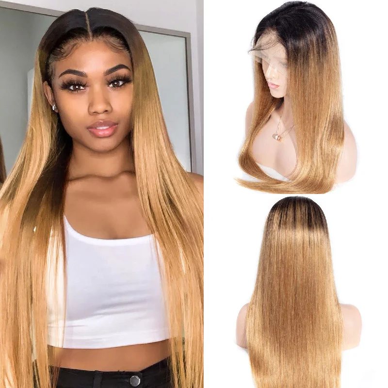 Colored wig with a curly texture for a bold and stylish choice1B/27 Ombre Color Straight 13x4 Lace Front Human Hair Wigs Honey Blonde Color with Dark Roots