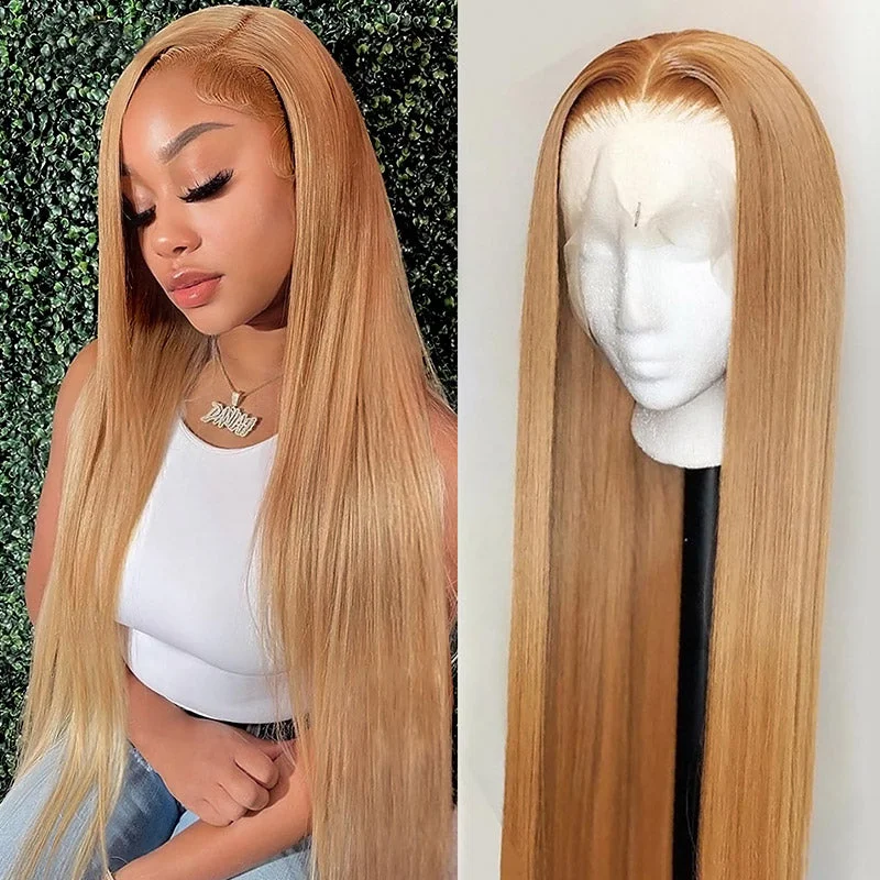 Colored wig with a wispy fringe for a soft and feminine lookGlueless Straight Wig Honey Blonde Lace Wig 13x4 HD Lace Front Wig Straight Human Hair Wigs #27 Ginger Blonde Wig