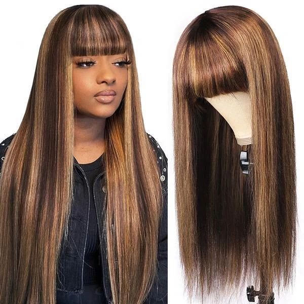 Colored wig with a 150 - density for a full and thick appearanceHoney Brown Highlight Ombre Color Straight Hair With Bangs No Lace Wig 150% Density