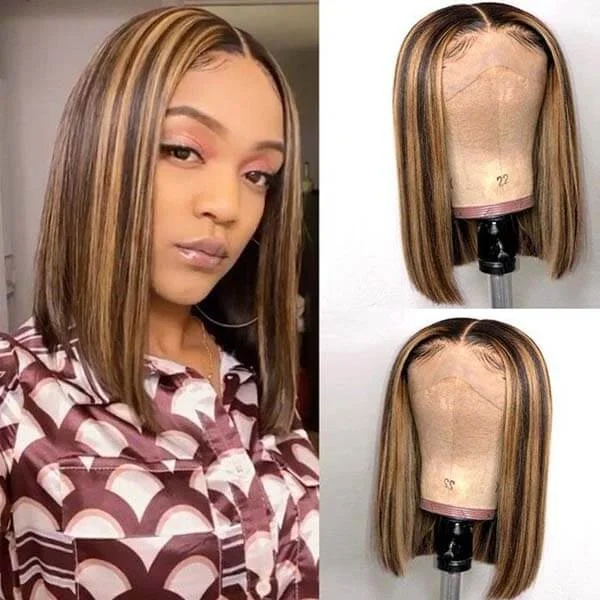 Colored wig with a wispy fringe for a soft and feminine lookOmbre Highlight Straight Short Bob Lace Closure Wigs Honey Blonde Piano Color