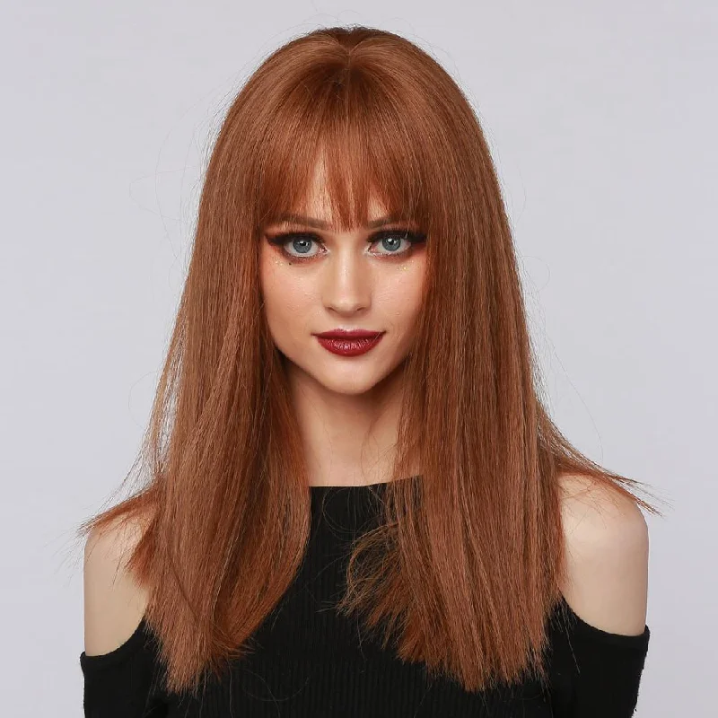 Colored wig with a wavy texture for a beachy and fun look17 Inches Reddish Brown Straight Blunt Cut Synthetic Wig - Retro