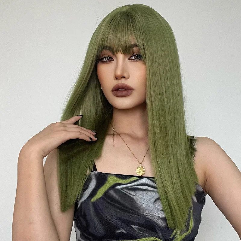 Colored wig with a straight texture for a sleek and minimalist look19 Inches Lime Green with Bangs Synthetic Wig