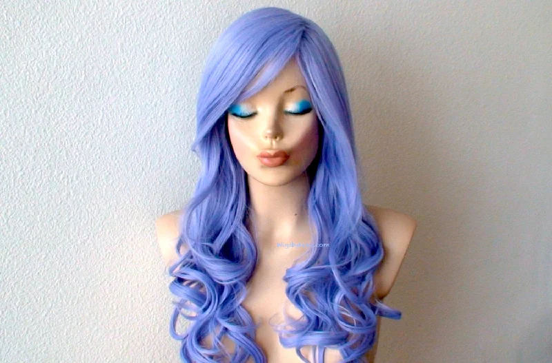 Colored wig with a wavy texture for a beachy and fun look26" Pastel Lavender Blue Long Curly Hair Long Side Bangs Wig