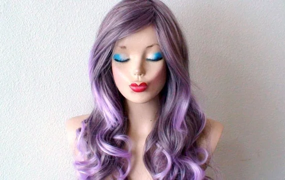 Colored wig with a silver - grey color for a trendy and cool - toned look26" Lavender Ombre Long Curly Hair Long Side Bangs Wig