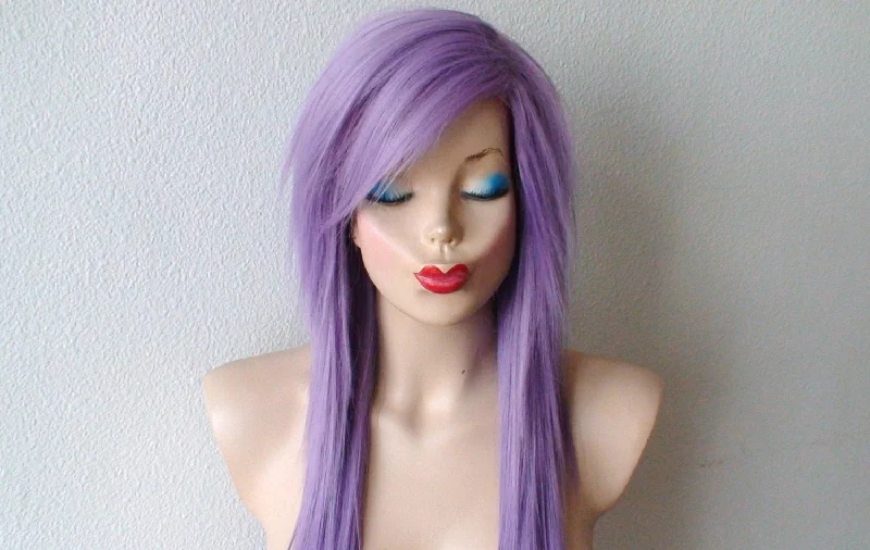 Colored wig in a vibrant pink color for a bold and eye - catching look28" Lavender Long Straight hair side bangs wig. Emo wig. Scene wig.