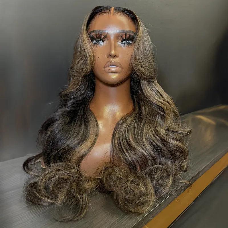 Colored wig with a middle - part for a classic and elegant style7x5 13x4 Layered Glueless Ash Blonde Highlight Color Body Wave Frontal Wig