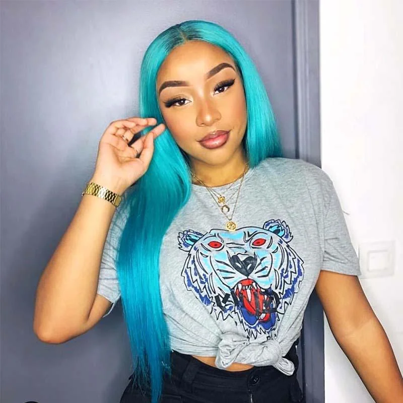 Colored wig with a middle - part for a classic and elegant styleLight Blue Lace Front Wig Straight Human Hair 13x4 lace Wig Surprisehair