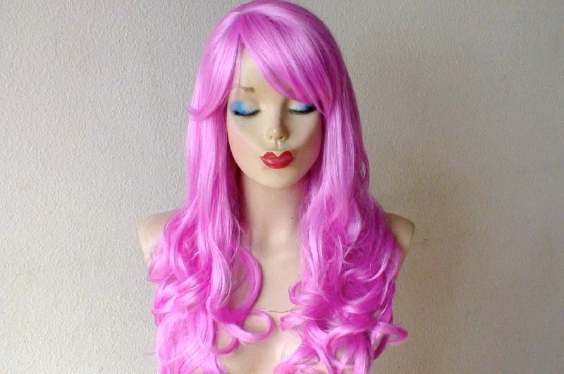 Colored wig with a wispy fringe for a soft and feminine look24" Lilac Long Curly  Hair Wig.