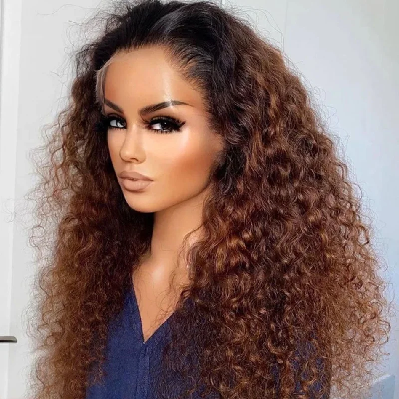 Colored wig with a pre - bleached knot for a natural - looking scalpMedium Auburn Deep Curly Lace Front Wig