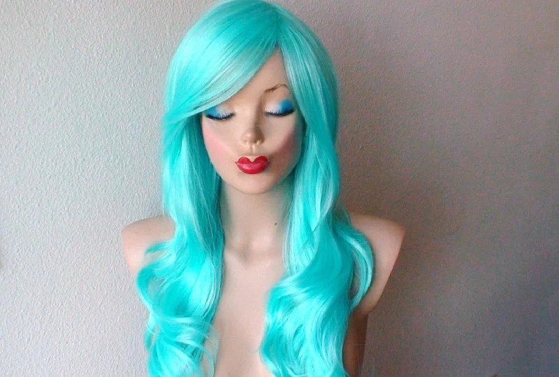 Colored wig with a blue - green ombre effect for a unique and trendy appearance26" Pastel Aqua Blue Long Curly Hair Long Side Bangs Wig