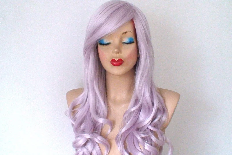 Colored wig with a blue - green ombre effect for a unique and trendy appearance26" Metallic Lavender Long Curly Hair Long Side Bangs Wig