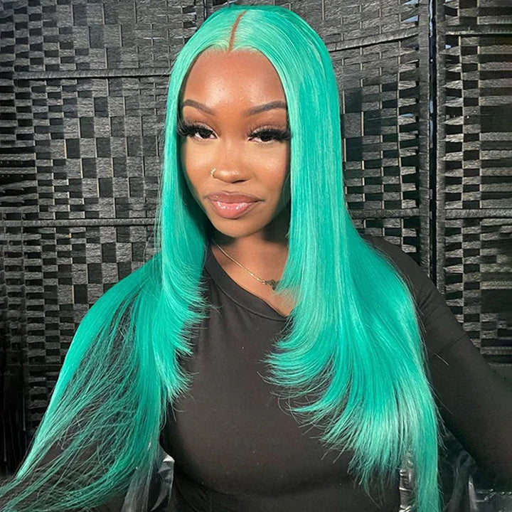 Colored wig with a purple - violet shade for a regal and elegant lookHairinbeauty New Color Hair Mint Green 13x4 HD Transparent Lace Wigs Pre Plucked Human Hair Wigs