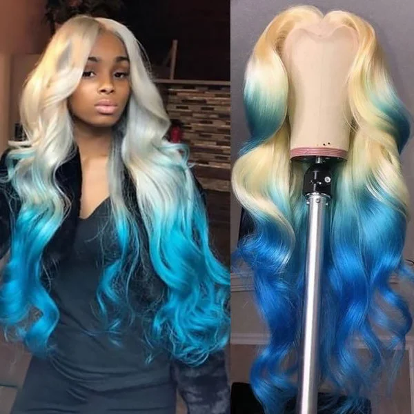 Colored wig with a middle - part for a classic and elegant styleOmbre Blonde Blue Color Body Wave Lace Front Wig Pre-plucked 13x4 HD Lace Body Wave Human Hair Wig 32 Inch