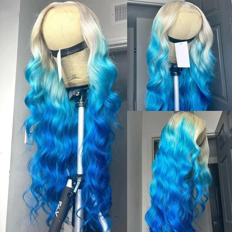 Colored wig with a middle - part for a classic and elegant styleOneMore Colored Wig Ombre Blonde Blue Color 13x4 Lace Front Wig Loose Body Wave Human Hair Wigs