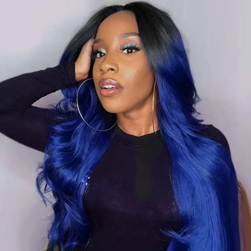 Colored wig with a 150 - density for a full and thick appearanceOmbre Color 13x4 Lace Front Wig Remy Hair 1B/Blue Straight /Body Wave Wigs Human Hair Wigs For Women