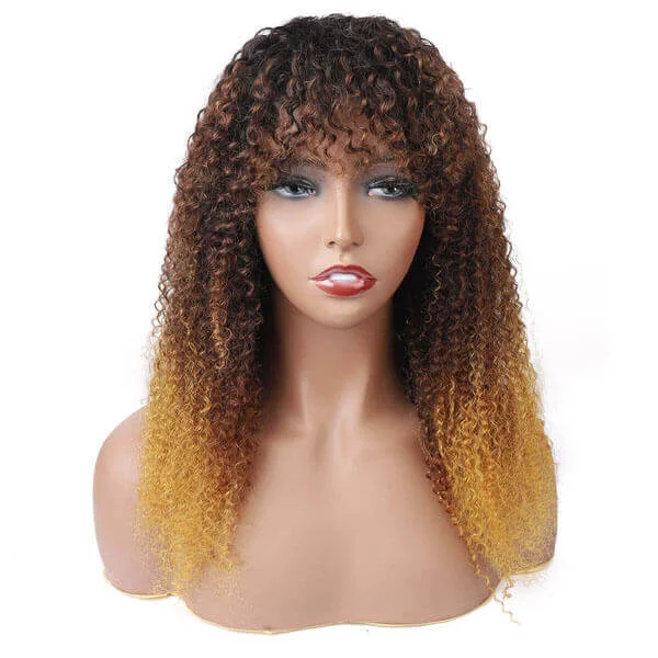 Colored wig with a blue - green ombre effect for a unique and trendy appearanceOmbre Curly Hair Machine Made Wig Human Hair Wig with Bangs