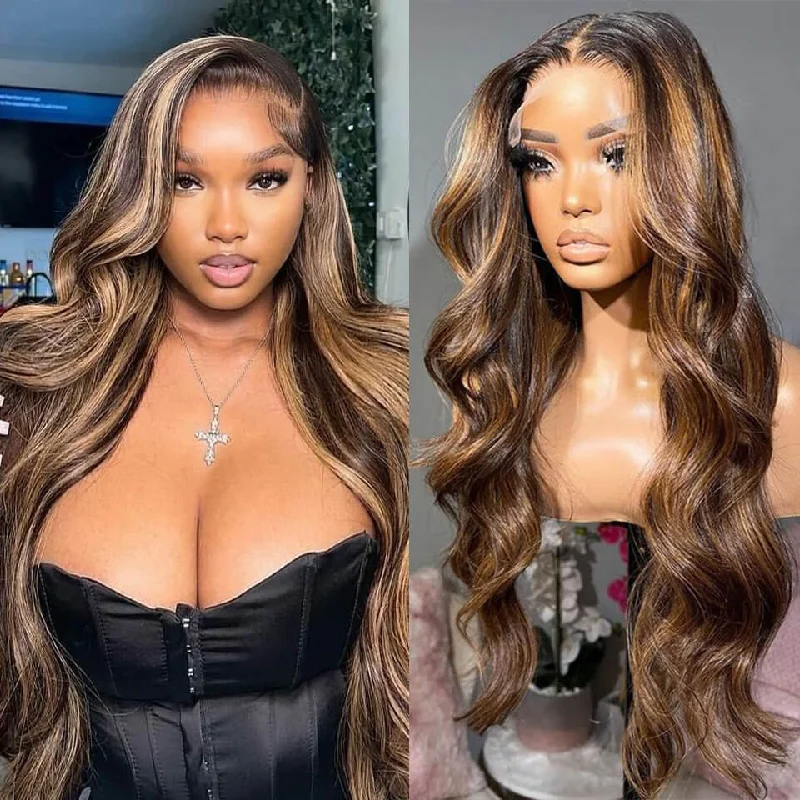 Colored wig with a wavy texture for a beachy and fun lookOmbre Highlight Wavy Lace Front Wigs Pre Plucked HD Human Hair 13*4 5*5 4*4 Invisible Lace Wigs