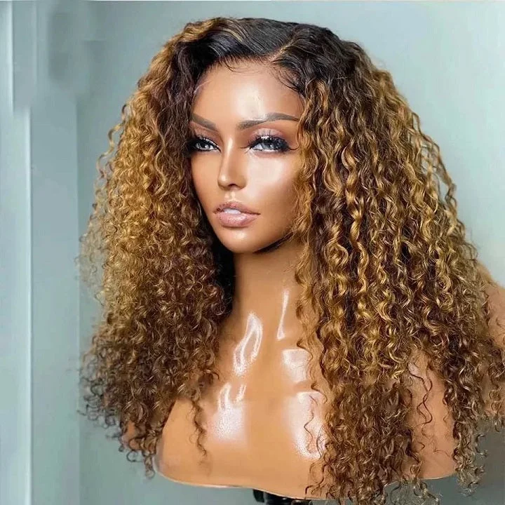 Colored wig with a red - orange hue for a warm and energetic lookOmbre Honey T1B/27 Curly 13x4 Frontal Wig Glueless Human Hair Wig Flash Deal