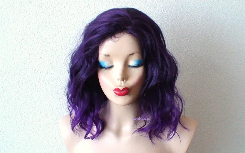 Colored wig with a straight texture for a sleek and minimalist look16" Purple Ombre Beach Wave Hairstyle Wig.