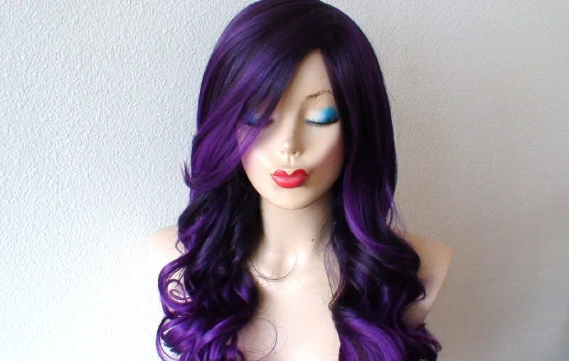 Colored wig with a middle - part for a classic and elegant style26" Purple Ombre Curly Hair Long Side Bangs Wig