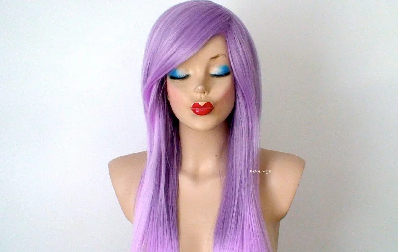 Colored wig with a middle - part for a classic and elegant style28" Pastel Lavender Ombre Long Straight Layered Hair Long side Bangs Wig