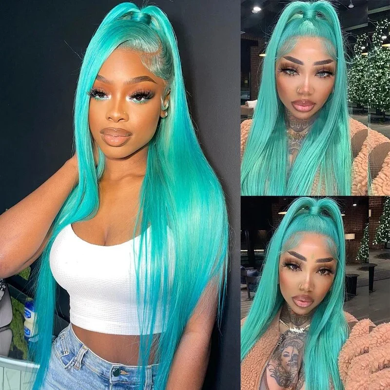 Colored wig with a side - swept bang for a sophisticated lookOneMore Mint Green Color Real Human Hair Wig HD Transparent Lace Human Hair Wigs Tiffany Blue Color