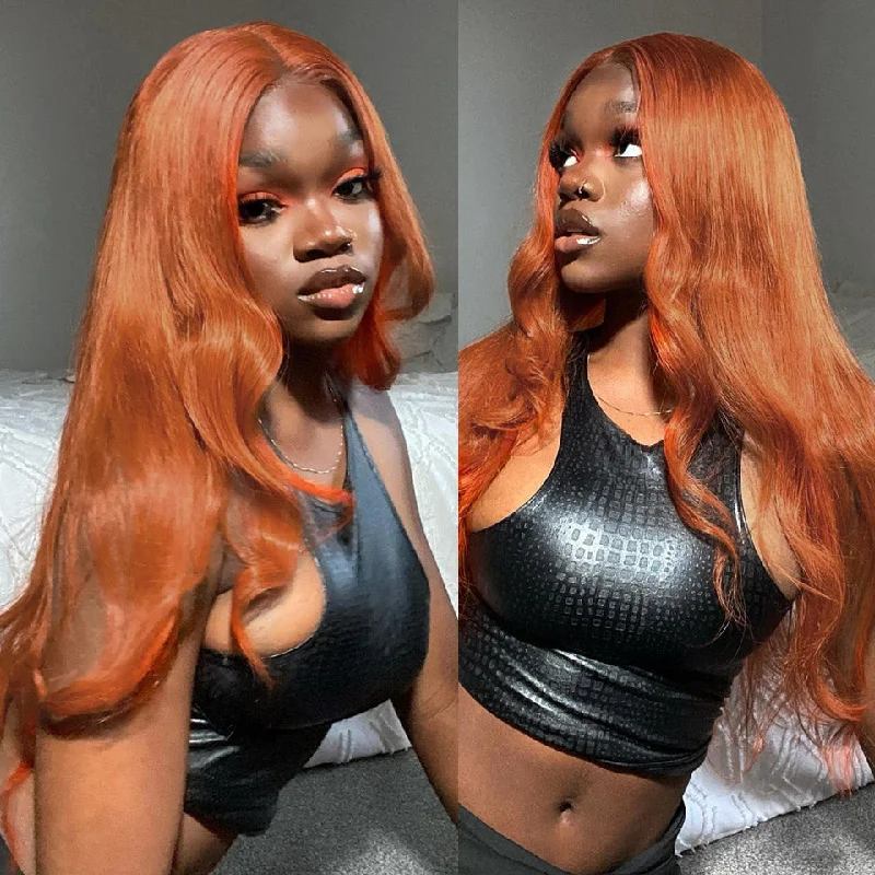 Colored wig with a curly texture for a bold and stylish choiceBody Wave Wig Middle Part Transparent Lace Wig Orange Ginger Color