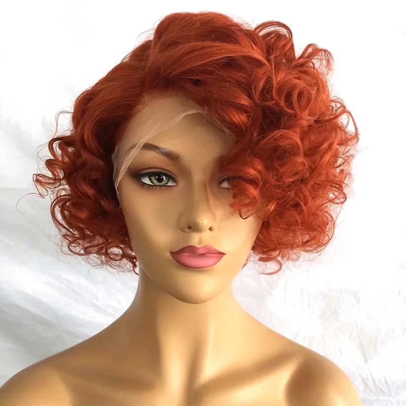 Colored wig with a natural - looking root for a more realistic lookOrange Short Curly Wig Brazilian Human Hair Bob 180% Density