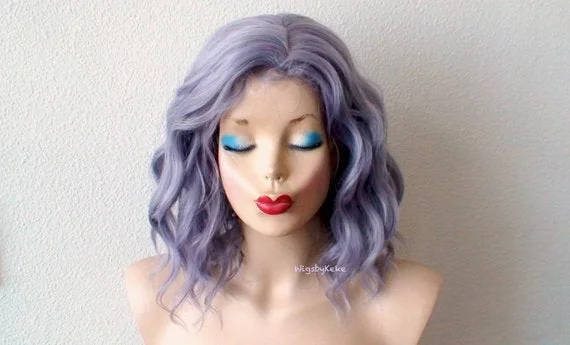 Colored wig with a side - swept bang for a sophisticated look16" Pastel Dark Lavender Gray Short Wavy Hairstyle Wig.