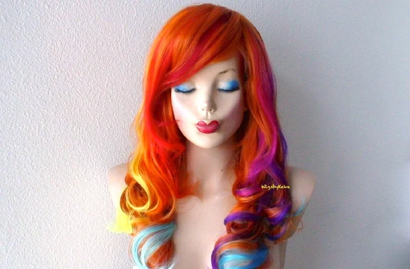 Colored wig with a wispy fringe for a soft and feminine look24" Pastel Rainbow Ombre Long Curly Hair Side Bangs Wig